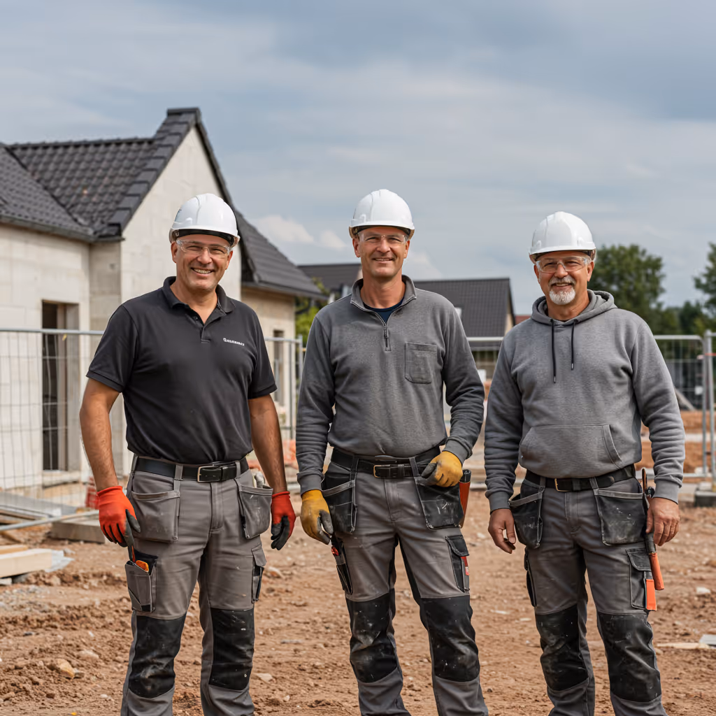 Team von Betonbauern auf einer Baustelle, freundlich und professionell im Arbeitsumfeld