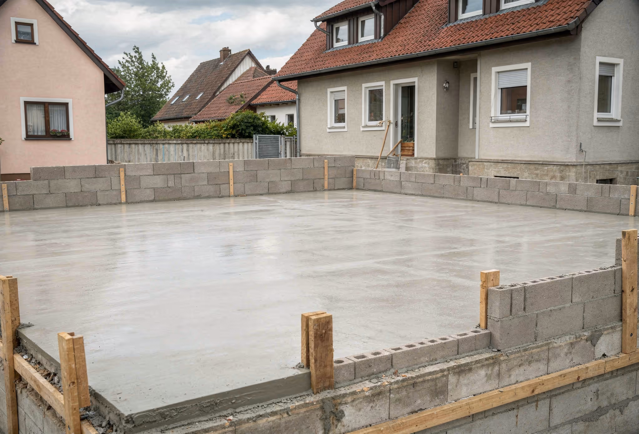 Frisch gegossene Betonbodenplatte mit Schalungsbrettern und Mauerwerk auf einer Baustelle in Hamburg
