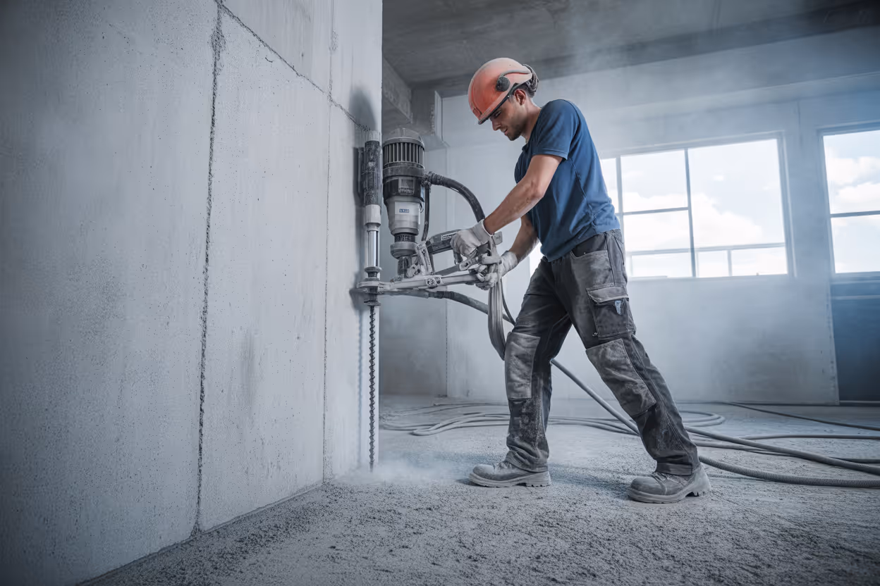 Facharbeiter schneidet mit einer Betonschneidemaschine präzise durch eine Betonwand auf einer Baustelle in Hamburg