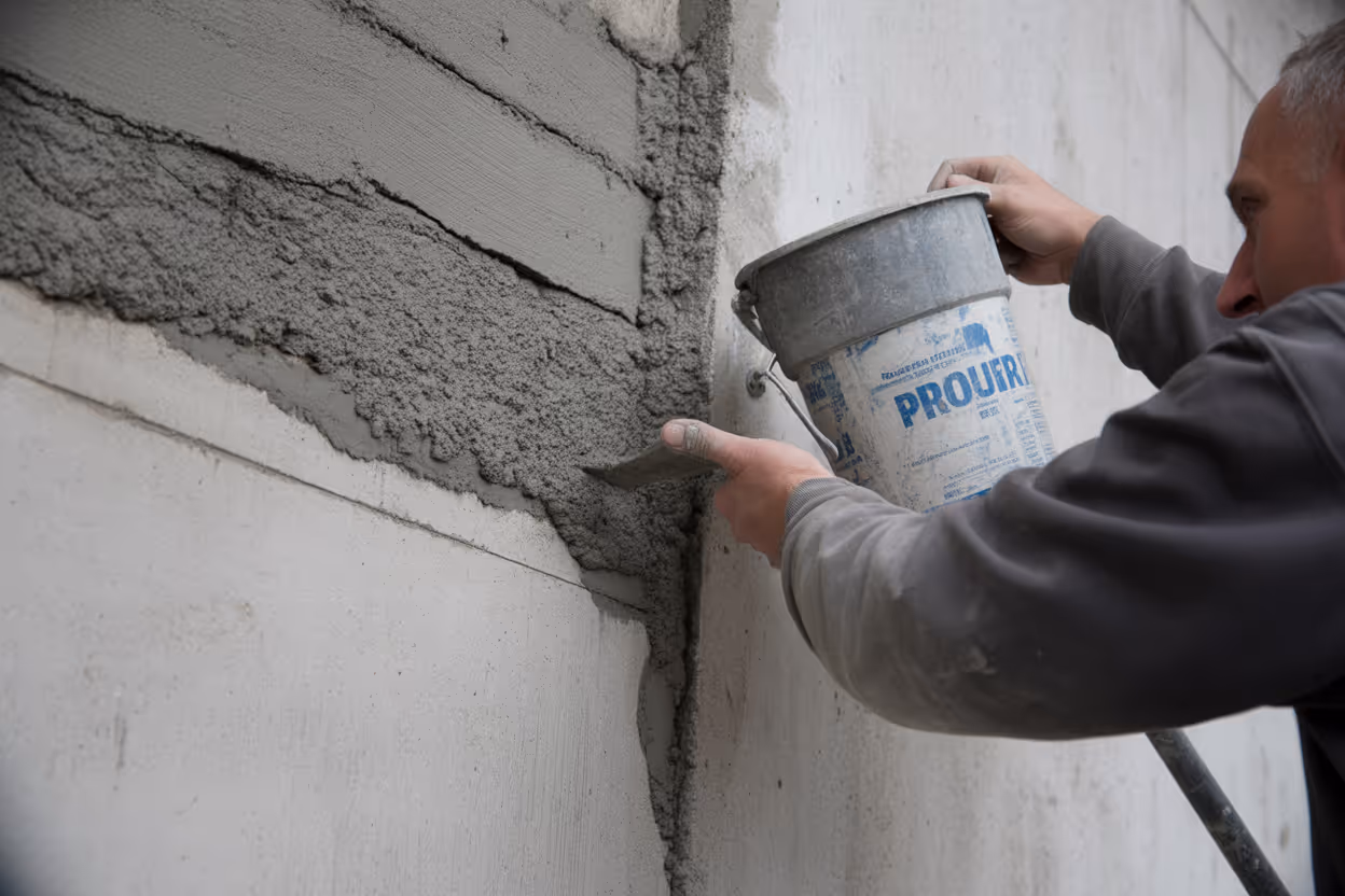 Handwerker trägt Reparaturmörtel auf eine beschädigte Betonwand auf bei einer Betonsanierung in Hamburg