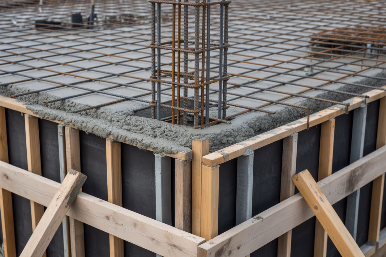 Detailaufnahme von Stahlbewehrung in einem Betonbauteil