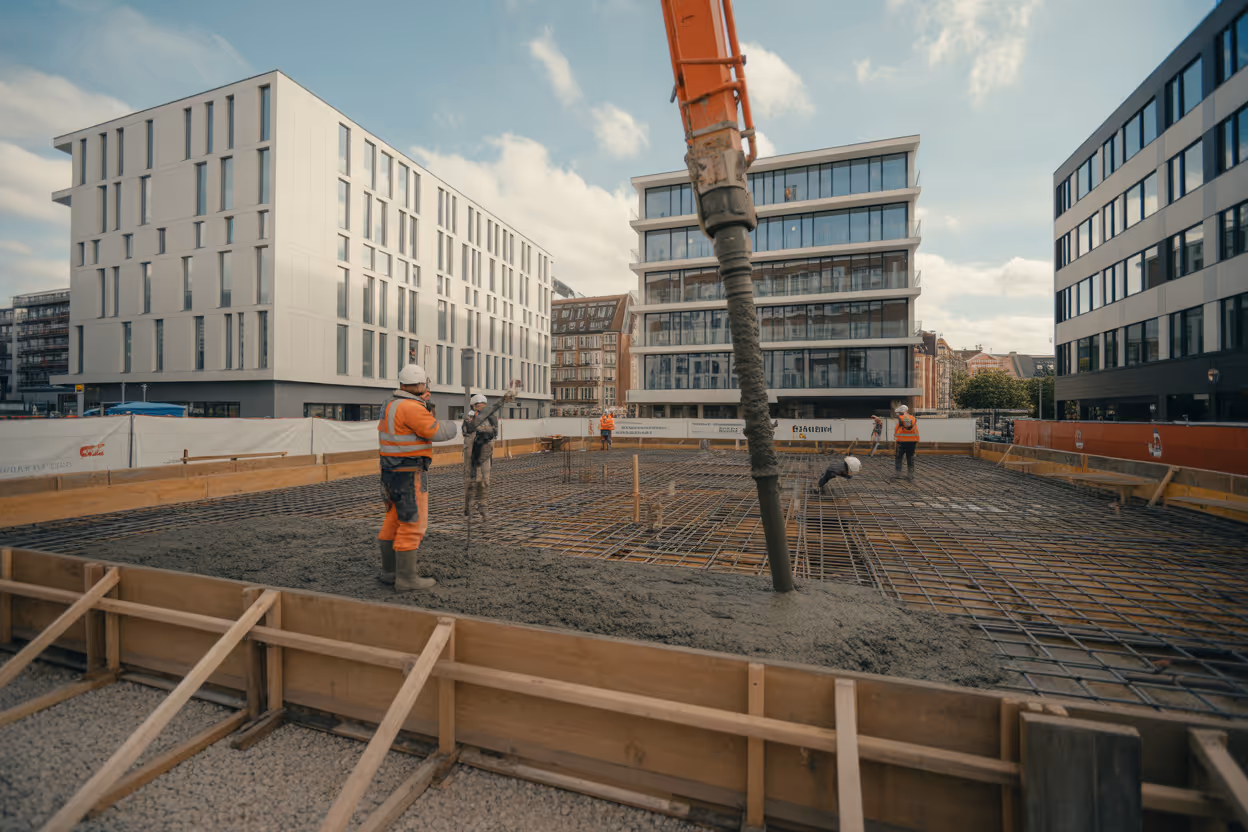 Betonbauer bei der Ausführung eines Fundaments auf einer Wohnbaustelle in Hamburg